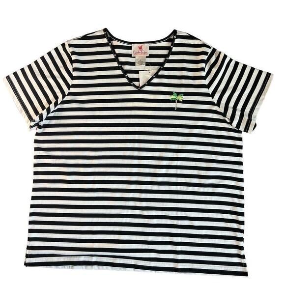 NWT Quaker Factory Embellished Palm Tree V-Neck Tee Short Sleeve Striped size 2X - Picture 1 of 10